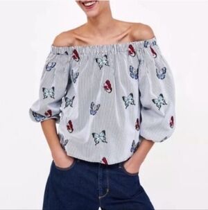 Zara Women’s Off Shoulder Blouse Butterfly Embroidered Balloon Sleeve Cropped S